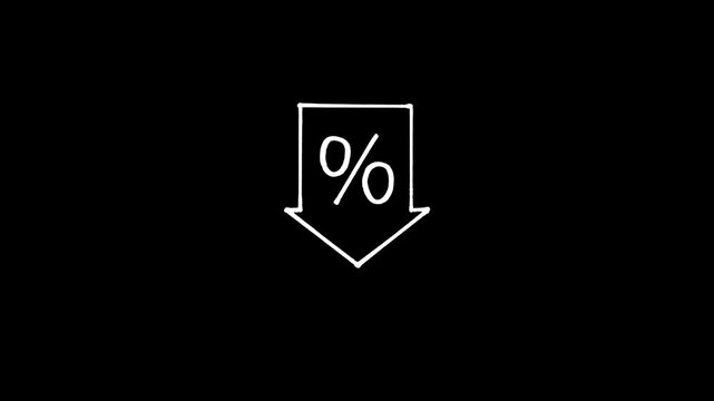 Minimalist, hand-drawn, black, downward, arrow, with, percentage, symbol, animation, on, white, background, perfect, for, sales, discounts, and, price, reduction, video, overlays.
