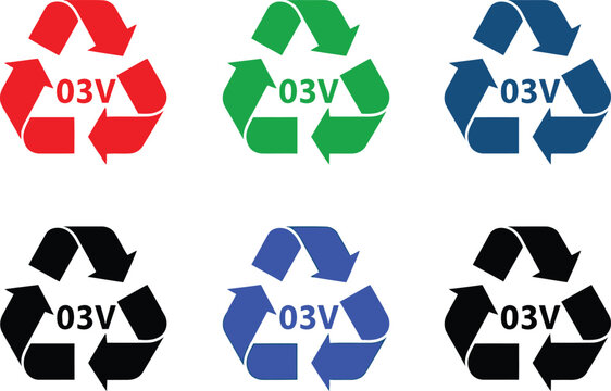 Six recycling symbols labeled with 03v indicating different types of recyclable materials