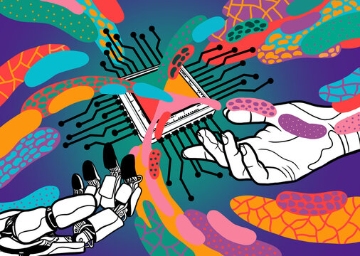 Human Hand and Robot Hand with Computer Chip and Colorful Abstract Elements on Blue Background