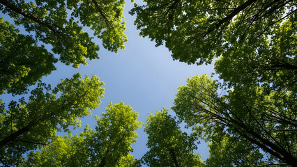 Fototapeta premium Treetops Reaching Up To Clear Blue Sky For Nature And Environmental Concepts