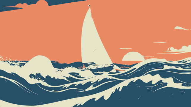Sailing boat on rough ocean waves at sunrise or sunset. Vintage style illustration of sea adventure, journey, and challenge.
