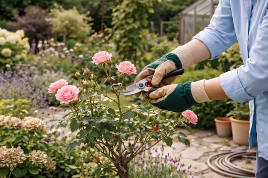 Person pruning rose bush with gloves in garden closeup