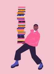 Modern flat vector illustration of a young African student struggling to carry a massive, heavy stack of colorful books. Education, exam preparation, back to school, and academic overload themes.