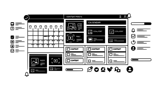Content Planning and Social Media Scheduling Calendar Board Black Silhouette Marketing UI Vector Illustration