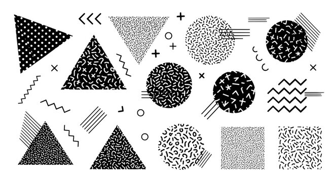 Triangles memphis style set with black and white patterns and shapes featuring collection, graphic resources, design elements with abstract and retro