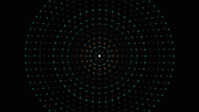 Dynamic digital pattern of evolving geometric symbols in concentric teal and orange circles on a dark, abstract background