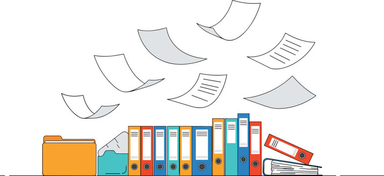 Office File Organization Concept Vector Illustration with Flying Documents, Folder Storage, Ring Binders and Paperwork Management System Design