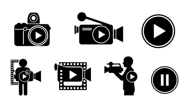 Camera icons set with play buttons and video recording elements on white background featuring pause button, film strip, photography with media and