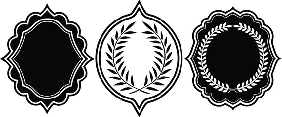 Black decorative label silhouettes with laurel wreaths and scalloped edges white © Stock Design