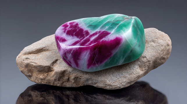 A captivating close-up showcases a polished ruby in zoisite gemstone with vibrant pink, green, and white hues, led upon a rough stone against a gray backdrop.