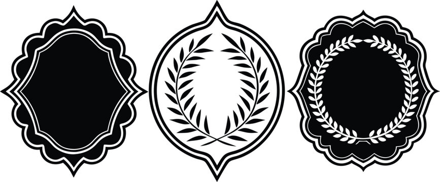 Black decorative label silhouettes with laurel wreaths and scalloped edges white