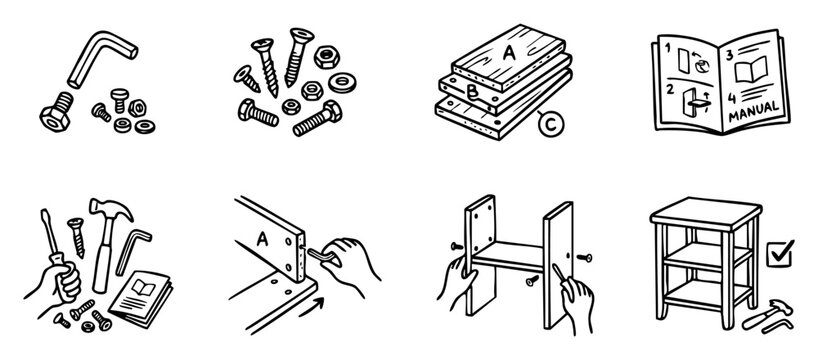 Furniture assembly process with tools and instruction manual