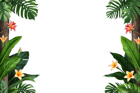 Tropical border frame with exotic monstera and palm leaves