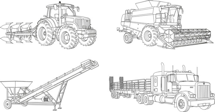 Detailed line drawing set of tractor, combine harvester, conveyor belt system, and semi-truck flatbed trailer showcasing essential farming and logistics machinery illustrations for industry design.