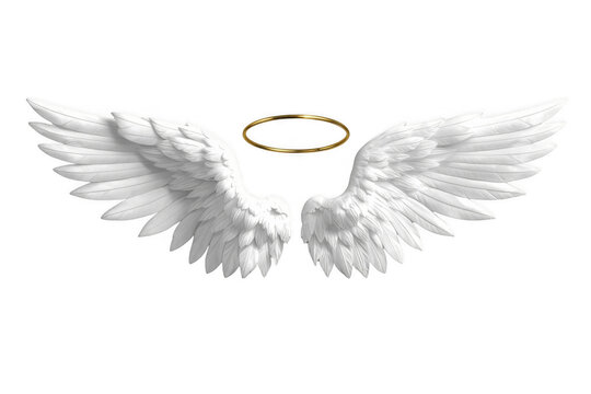 White angel wings with golden halo on transparent background