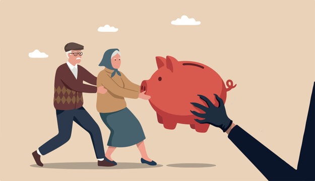 Protect retirement pension money fraud, Ponzi scheme cost tax that impact retiree investment fund concept, senior grandparent couple pull into back their piggy bank money thief hand