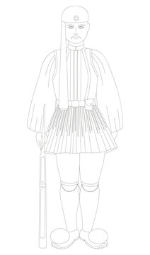 Evzone Greek Presidential Guard. Black and white. Athens. Tsolias. Traditions from different countries. Isolated vector illustration for coloring book.