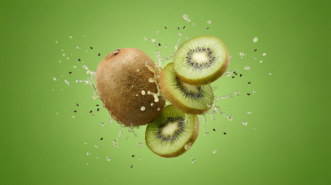 Fresh kiwi fruit slices with water droplets in mid-air on green background