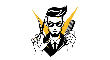 Obraz premium Stylized barber illustration with tools and geometric design elements