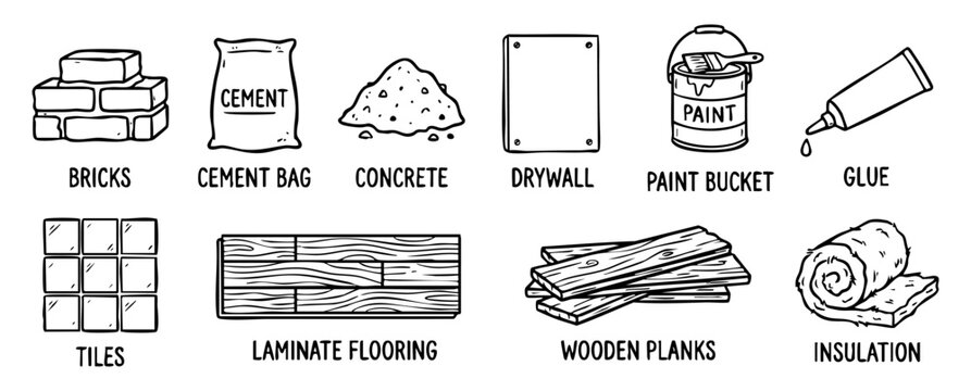 Hand drawing construction building materials and supplies icons