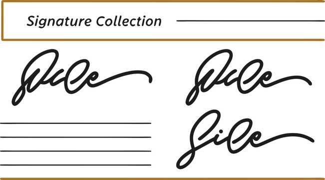 Signature collection with four identical cursive signatures on lines script handwriting