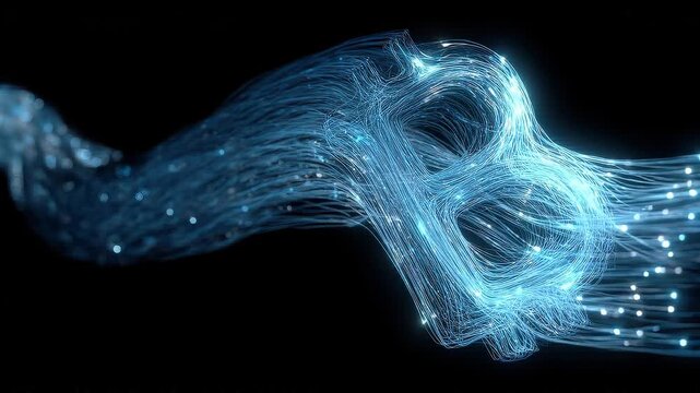 Continuous streaming cryptocurrency infrastructure visualized through self-forming data filaments and progressive color transition flow system.