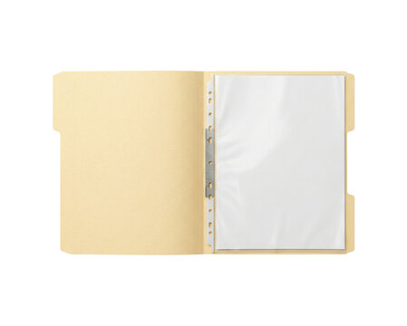 Open beige file folder top view isolated. Document organization mockup template.