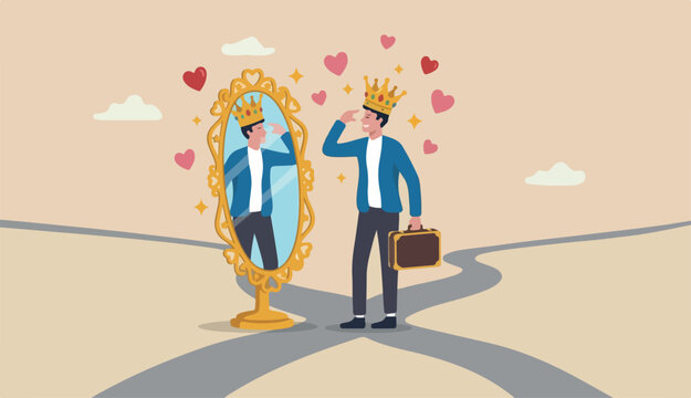 Narcissist people, extreme self involvement confident disorder proud attitude egocentric person, narcissism businessman admire himself proud crown love stars around