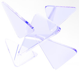 Naklejka na ściany i meble Light purple glass triangle 3d shapes flying on pastel render background. Abstract bg with transparent triangular plates, crystal glossy figures and motion effect. Tech wallpaper