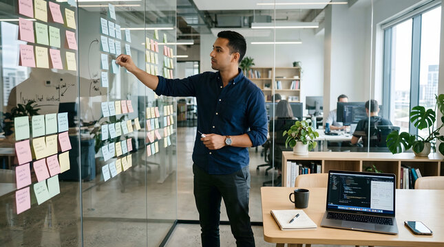 young professional male developer or project manager organizing colorful sticky notes on a glass wall in a modern open plan office during a creative brainstorming session