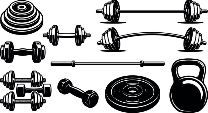 Gym equipment icon set with barbell, dumbbell, kettlebell and weight plates isolated on white