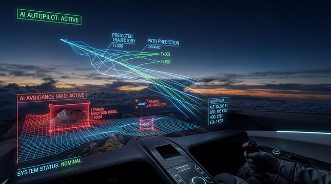 Futuristic cockpit displays AI autopilot system with dynamic path prediction and avoidance grid. interface shows predicted trajectories and flight data over mountainous landscape