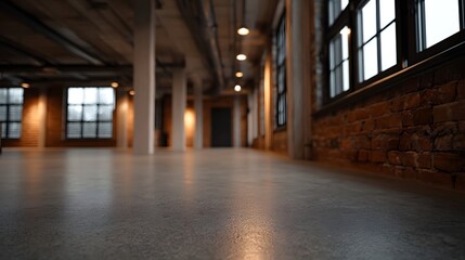 Obraz premium Low angle view of an empty industrial loft with exposed brick walls concrete floors and warm lighting