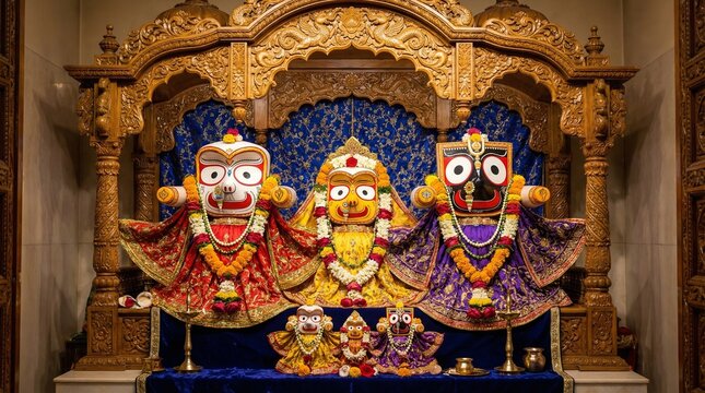 Lord Jagannath, Balabhadra, and Subhadra Idols Decorated with Garlands in Temple