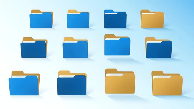 A grid of twelve generic computer folder icons, some blue and some yellow, with a clean, modern 3D rendered style on a light blue background.