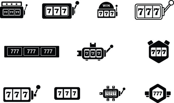 set of casino slot machine icons with seven numbers on white