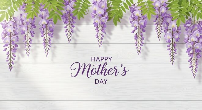 Happy mothers day greeting card with purple wisteria flowers hanging on white wooden background floral design for spring celebration and maternal love appreciation concept
