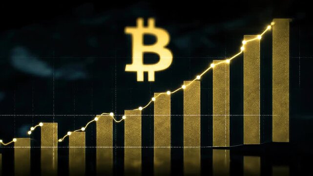 Floating gold histogram bars with dynamic data line illustrating expanding momentum and evolving digital asset market strength.