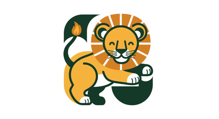 Stylized illustration of a cheerful lion mascot with a golden mane and tail © Dika