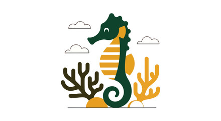Stylized illustration of a seahorse with coral and clouds on white background © Dika
