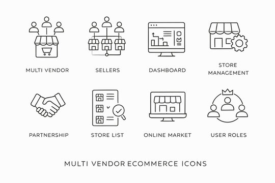 Illustrations depicting key features of multi-vendor ecommerce platforms