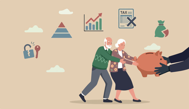 Protect retirement pension money fraud, Ponzi in to scheme cost tax that impact retiree investment fund concept, senior grandparent couple pull back their piggy bank to money thief hand