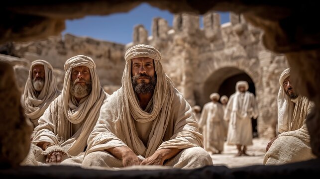 Boaz sits among elders at Bethlehem&rsquo;s stone gate under bright sun, as townsmen pass behind, capturing justice, witness, and covenant in an ancient Judean setting.
