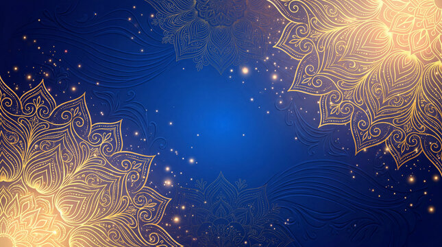 Elegant gold mandala background on royal blue, luxury ornamental floral pattern with glowing sparkles, decorative ethnic frame for invitations