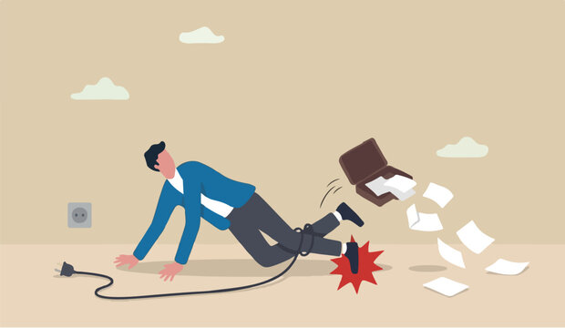 Failure or mistake, accident or surprise problem that impact business concept, clumsy businessman stumble with power cable electric plug falling on the floor
