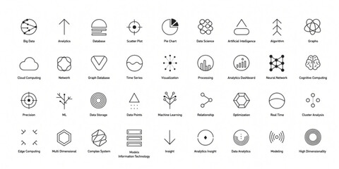 A collection of various icons and symbols arranged in rows on a plain surface for design purposes.