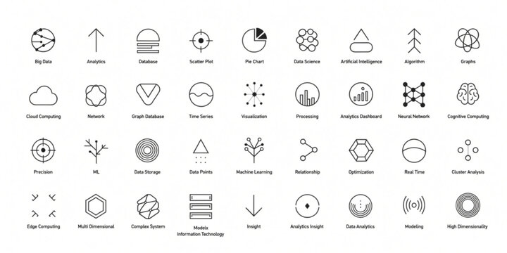 A collection of various icons and symbols arranged in rows on a plain surface for design purposes.