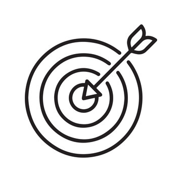 A minimalist black and white line art illustration representing accuracy, success, and goal achievement with an arrow hitting the bullseye.