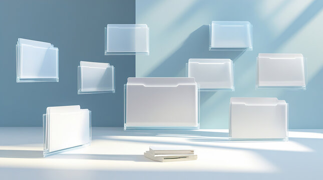 Floating transparent file folders arranged in a modern workspace with soft lighting and a minimalist design aesthetic on a blue background