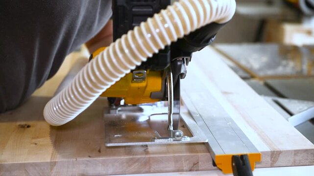 Master cuts the board with a circular saw in the workshop. Carpenter working with circular blade saw, splitting brown wooden desk (selective focus)